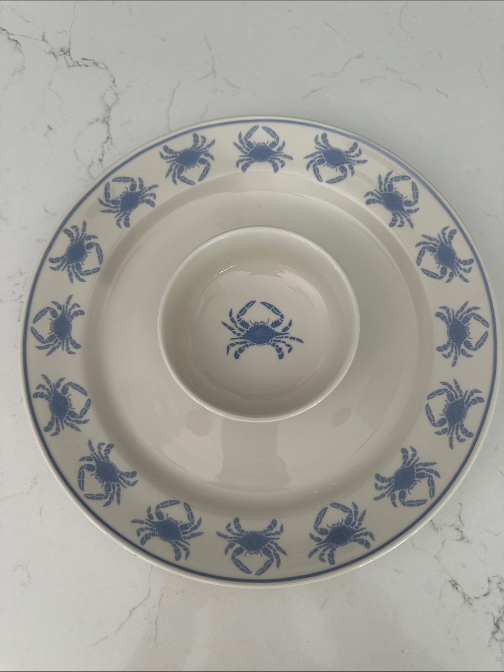 Vintage Gemware  13” Blue Crab Chip & Dip Serving Platter - White and Blue